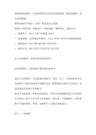 世界著名企业使命、愿景、核心价值观