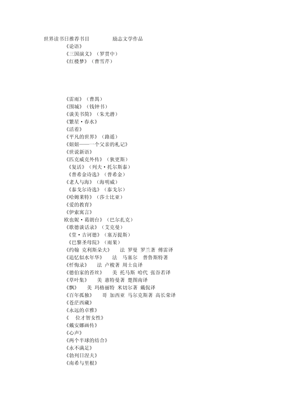 世界读书日推荐书目_第1页