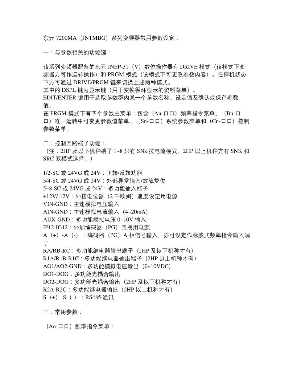 东元7200MA(JNTMBG)系列变频器常用参数_第1页