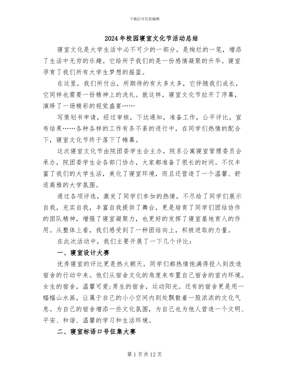 2024年校园寝室文化节活动总结_第1页