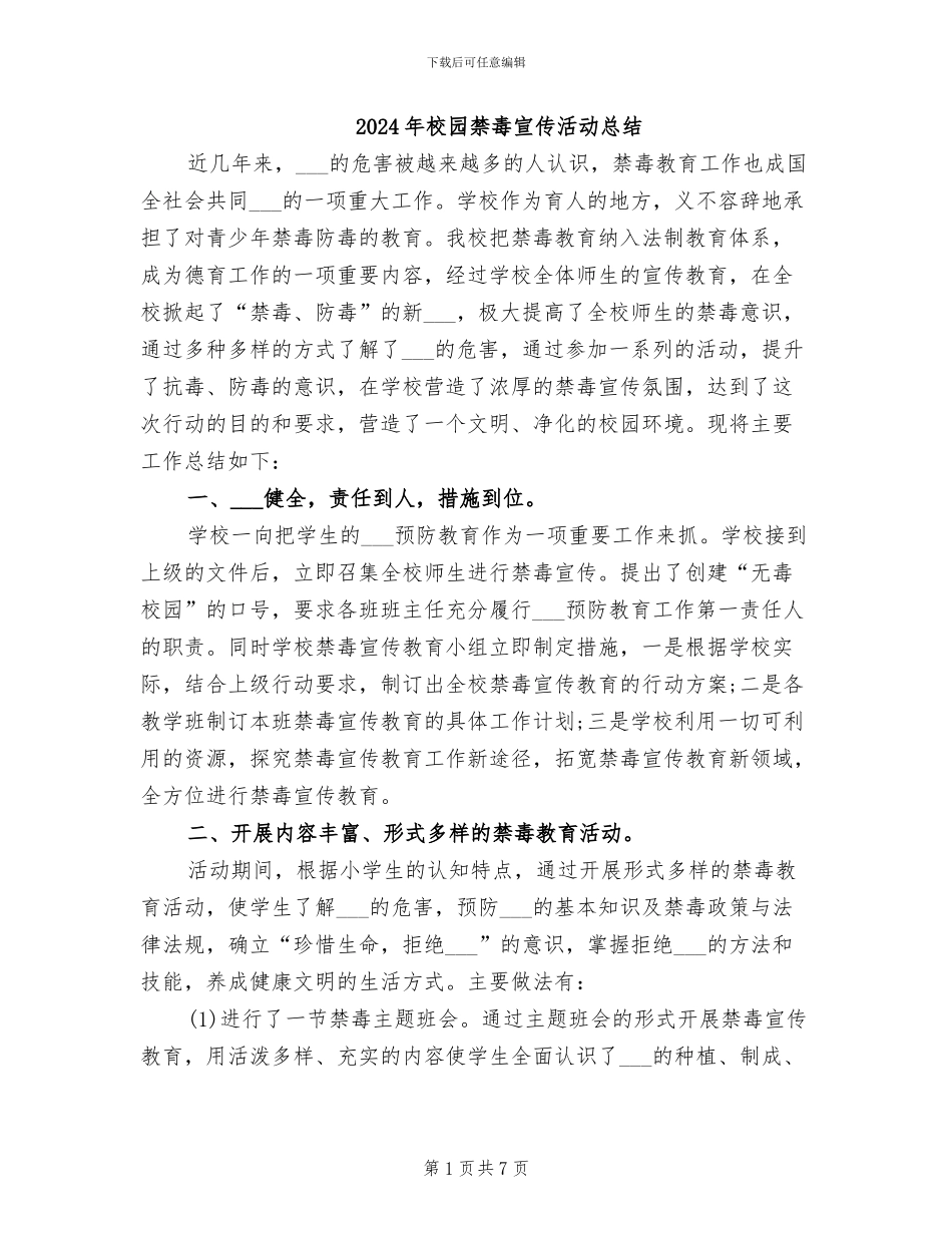 2024年校园禁毒宣传活动总结_第1页