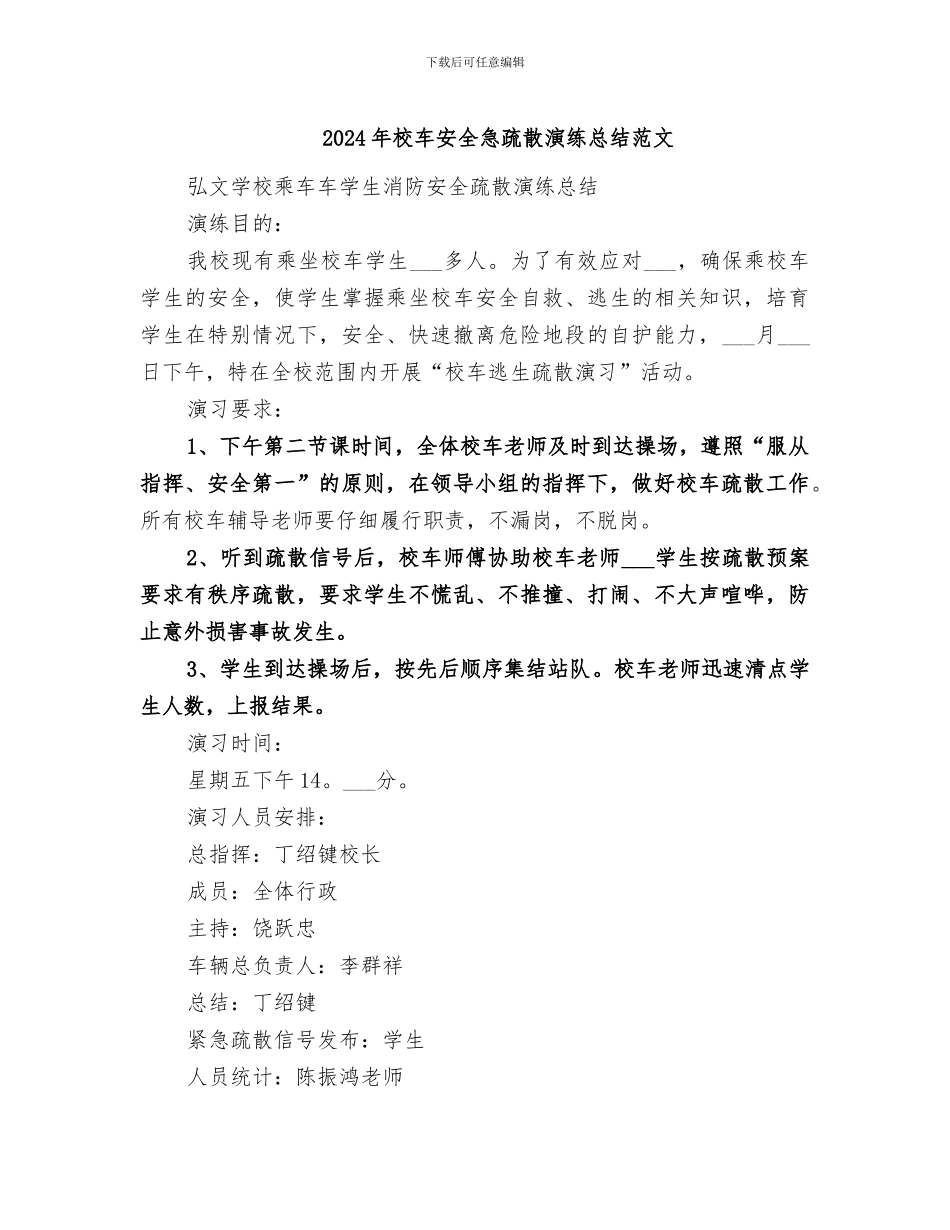 2024年校车安全急疏散演练总结范文_第1页