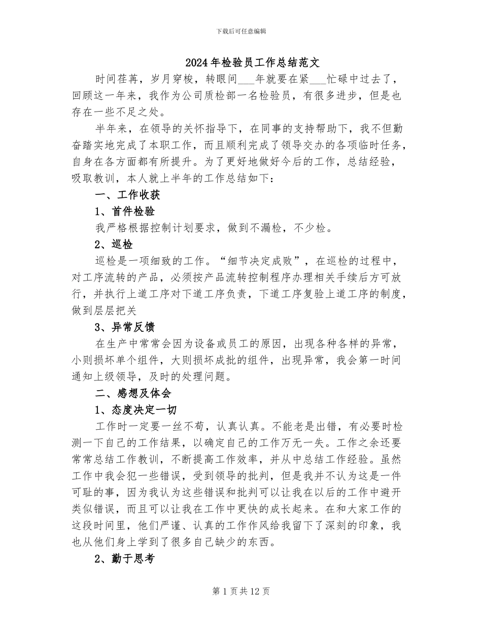 2024年检验员工作总结范文_第1页