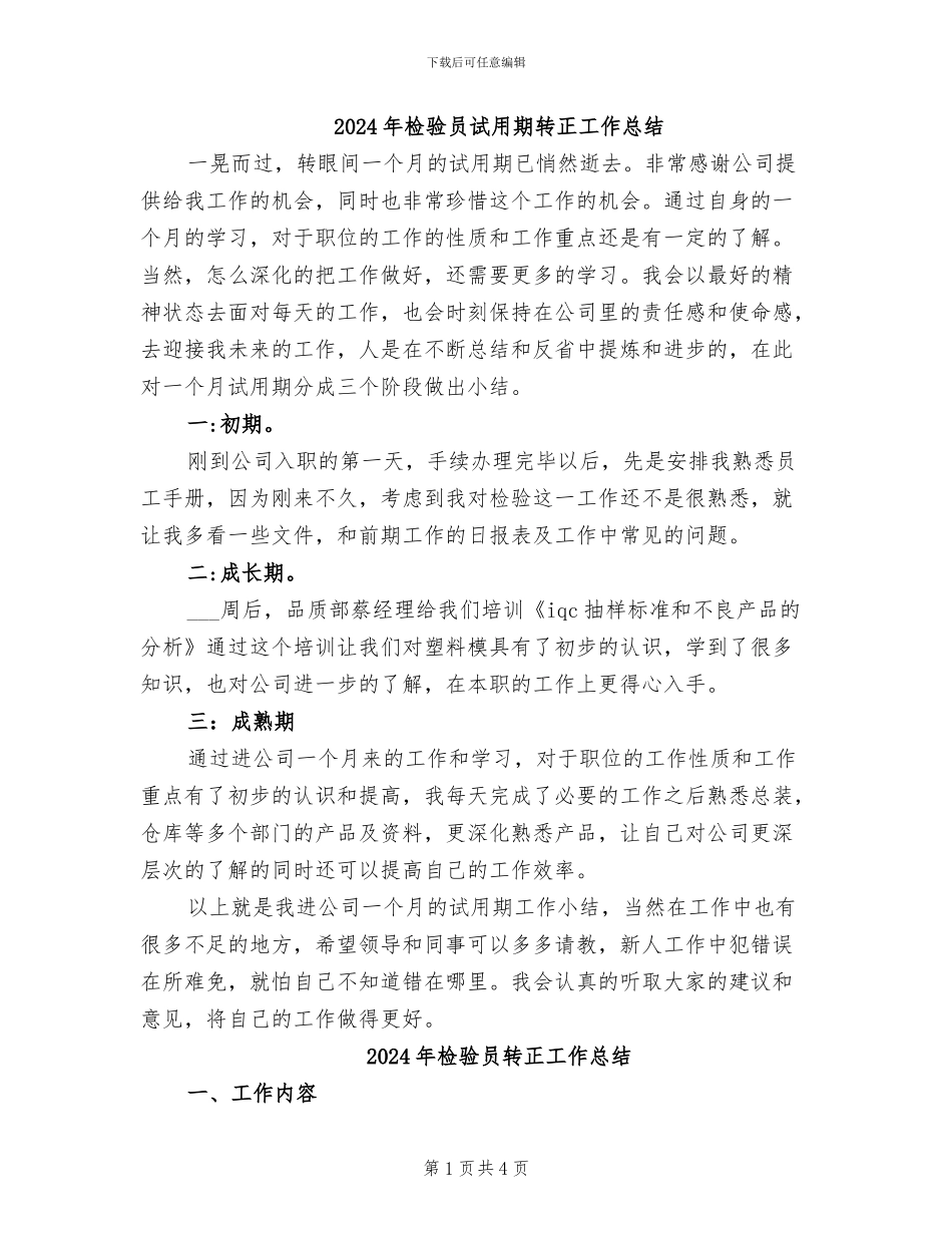 2024年检验员试用期转正工作总结_第1页