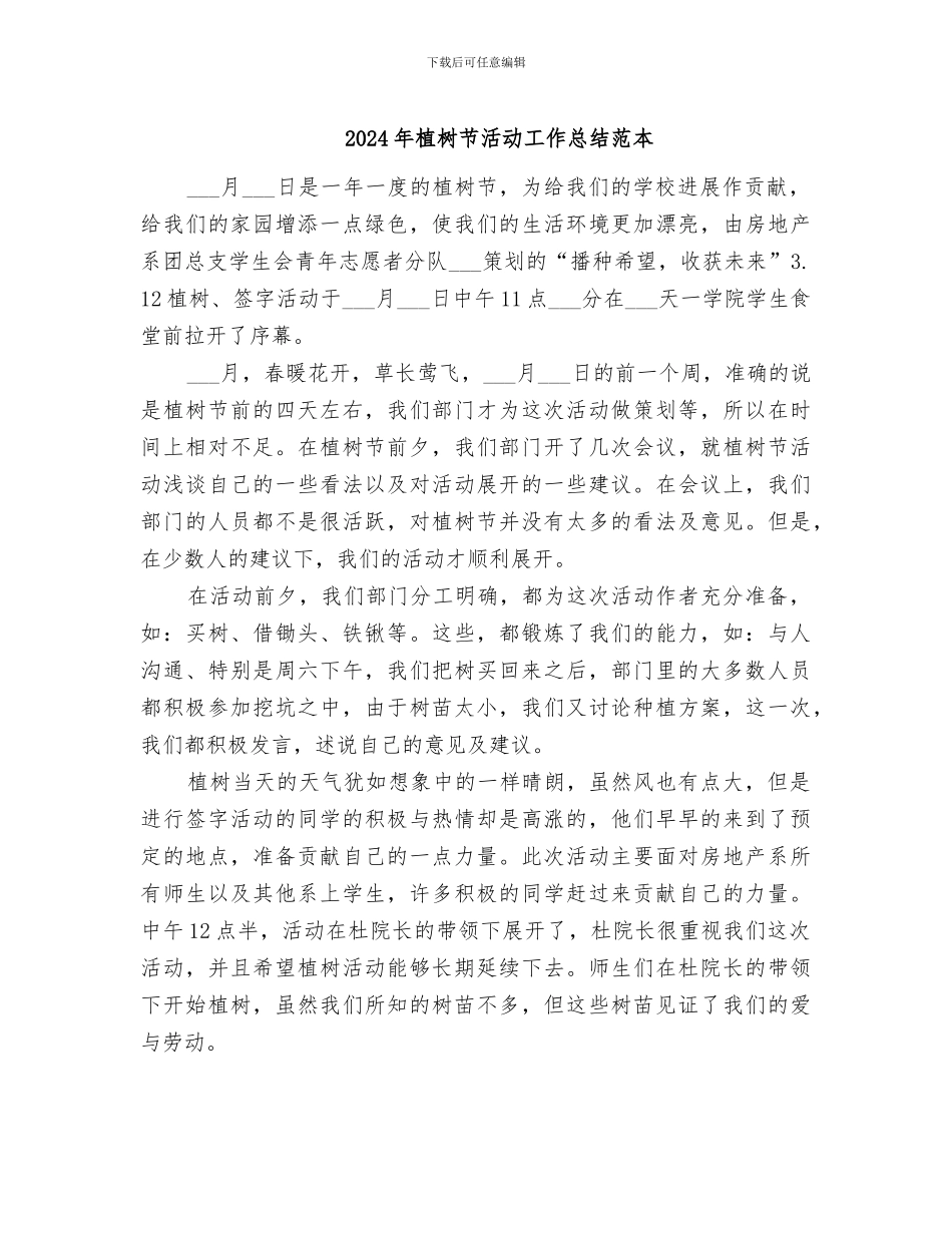 2024年植树节活动工作总结范本_第1页