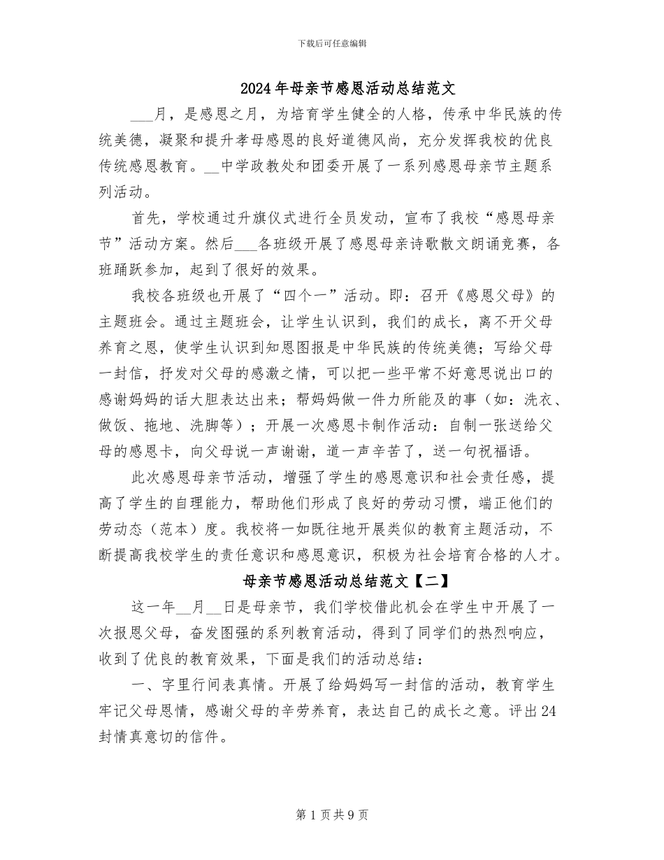2024年母亲节感恩活动总结范文_第1页