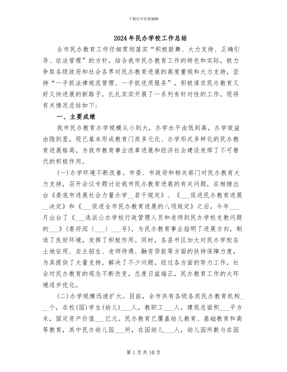 2024年民办学校工作总结_第1页