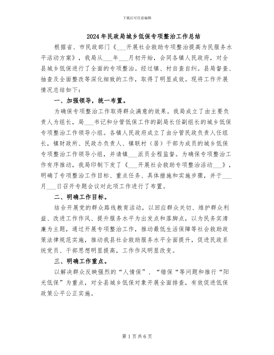 2024年民政局城乡低保专项整治工作总结_第1页