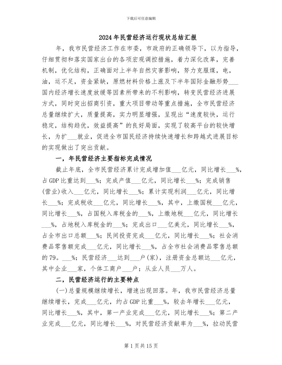 2024年民营经济运行现状总结汇报_第1页