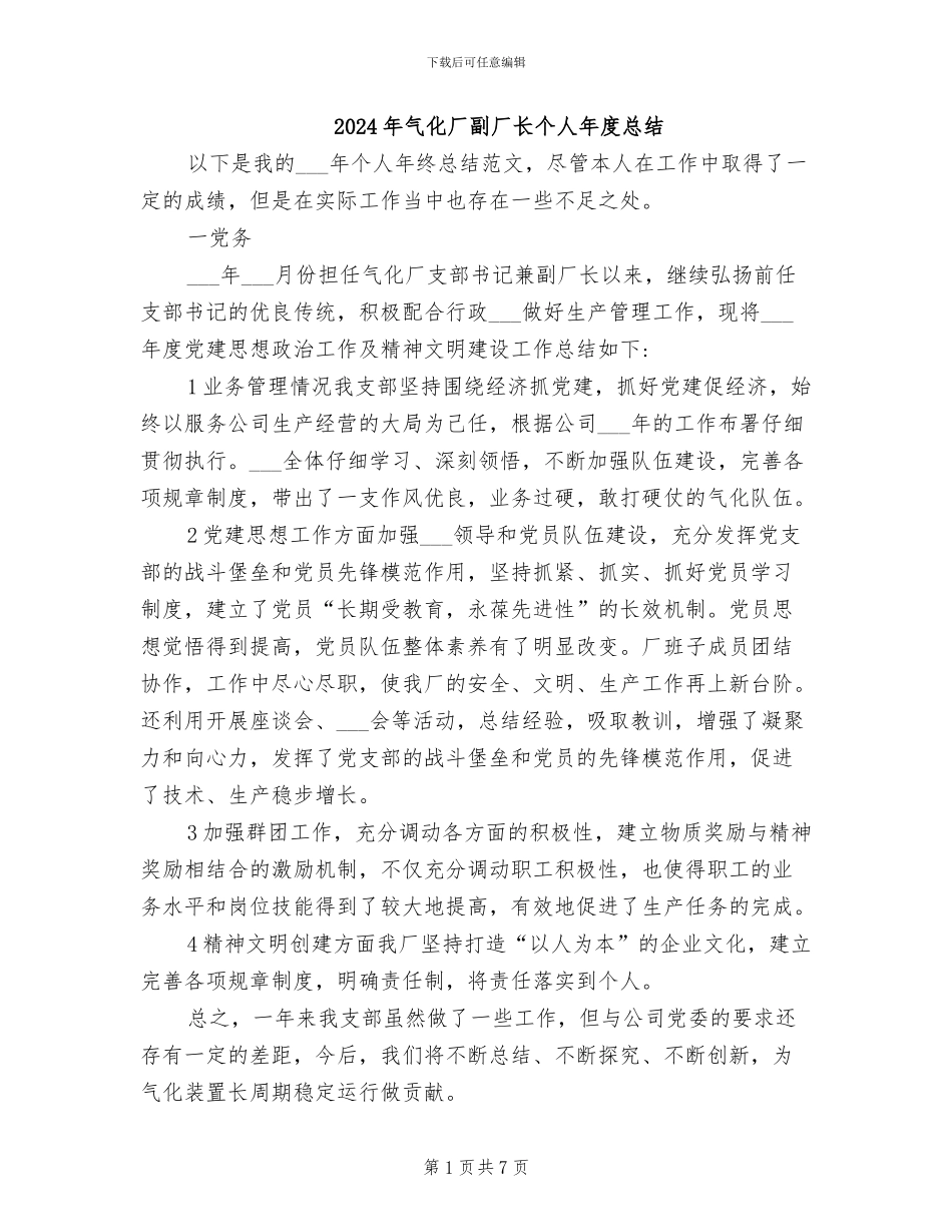 2024年气化厂副厂长个人年度总结_第1页