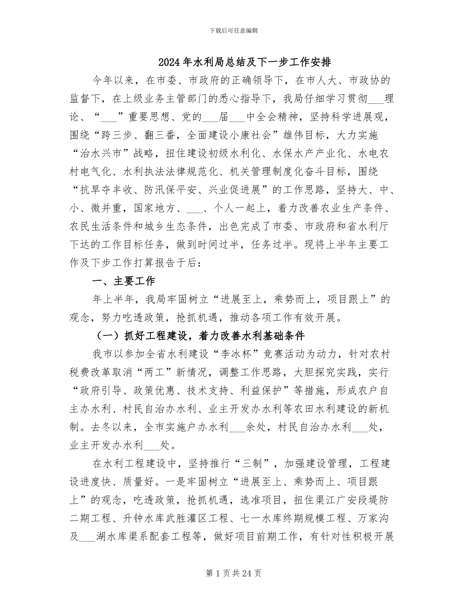 2024年水利局总结及下一步工作安排_第1页