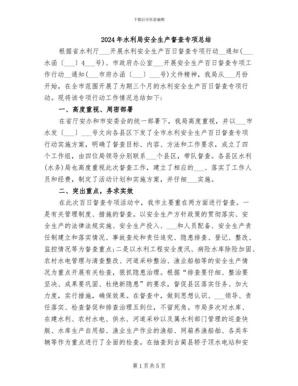 2024年水利局安全生产督查专项总结_第1页