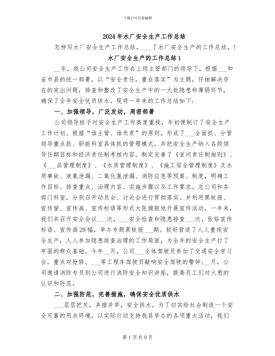 2024年水厂安全生产工作总结_第1页