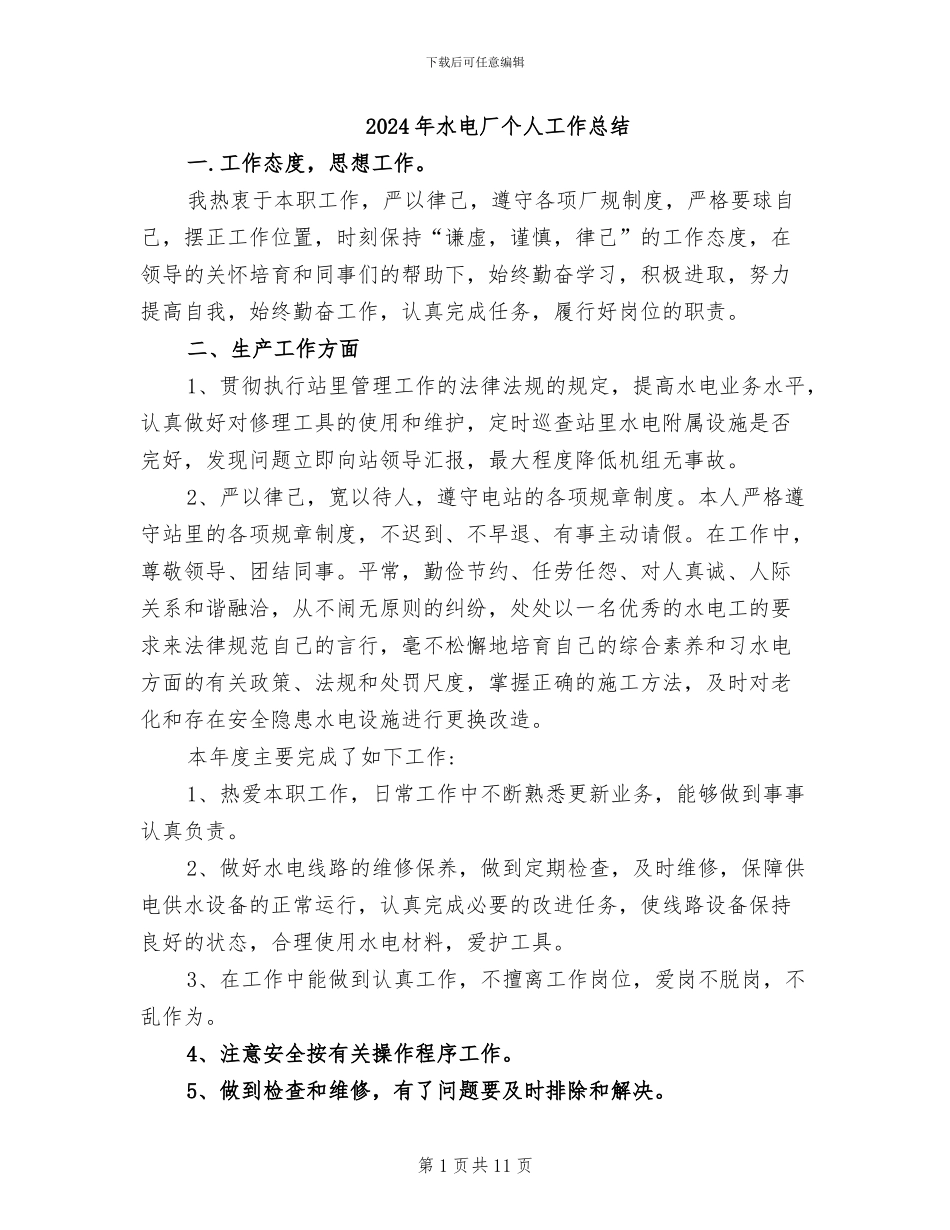 2024年水电厂个人工作总结_第1页