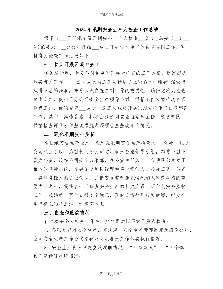 2024年汛期安全生产大检查工作总结_第1页