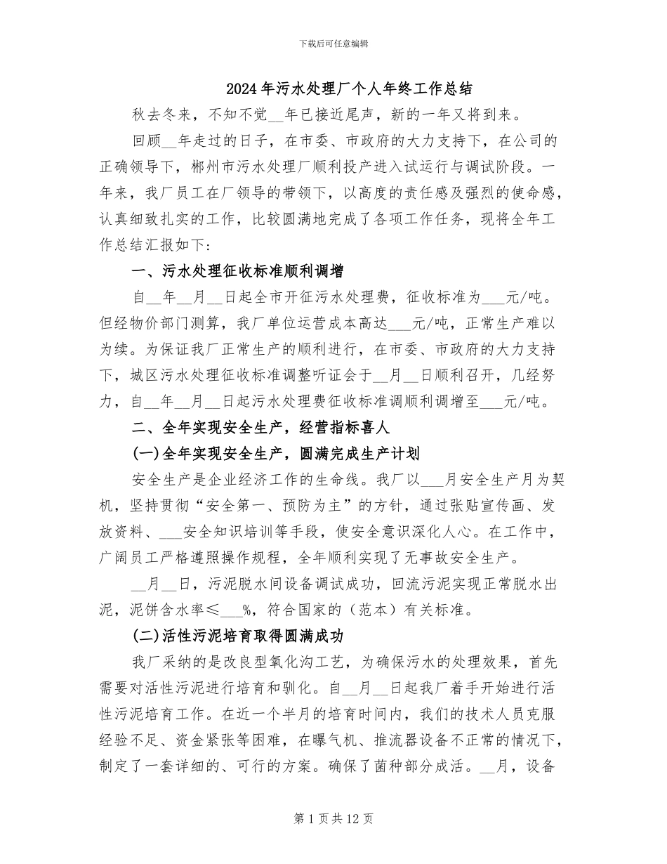 2024年污水处理厂个人年终工作总结_第1页