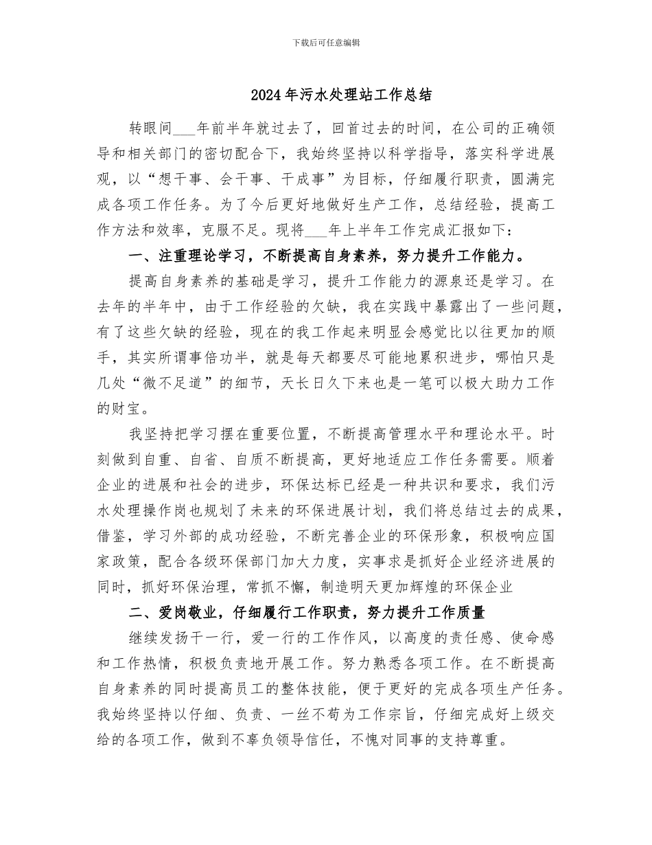 2024年污水处理站工作总结_第1页