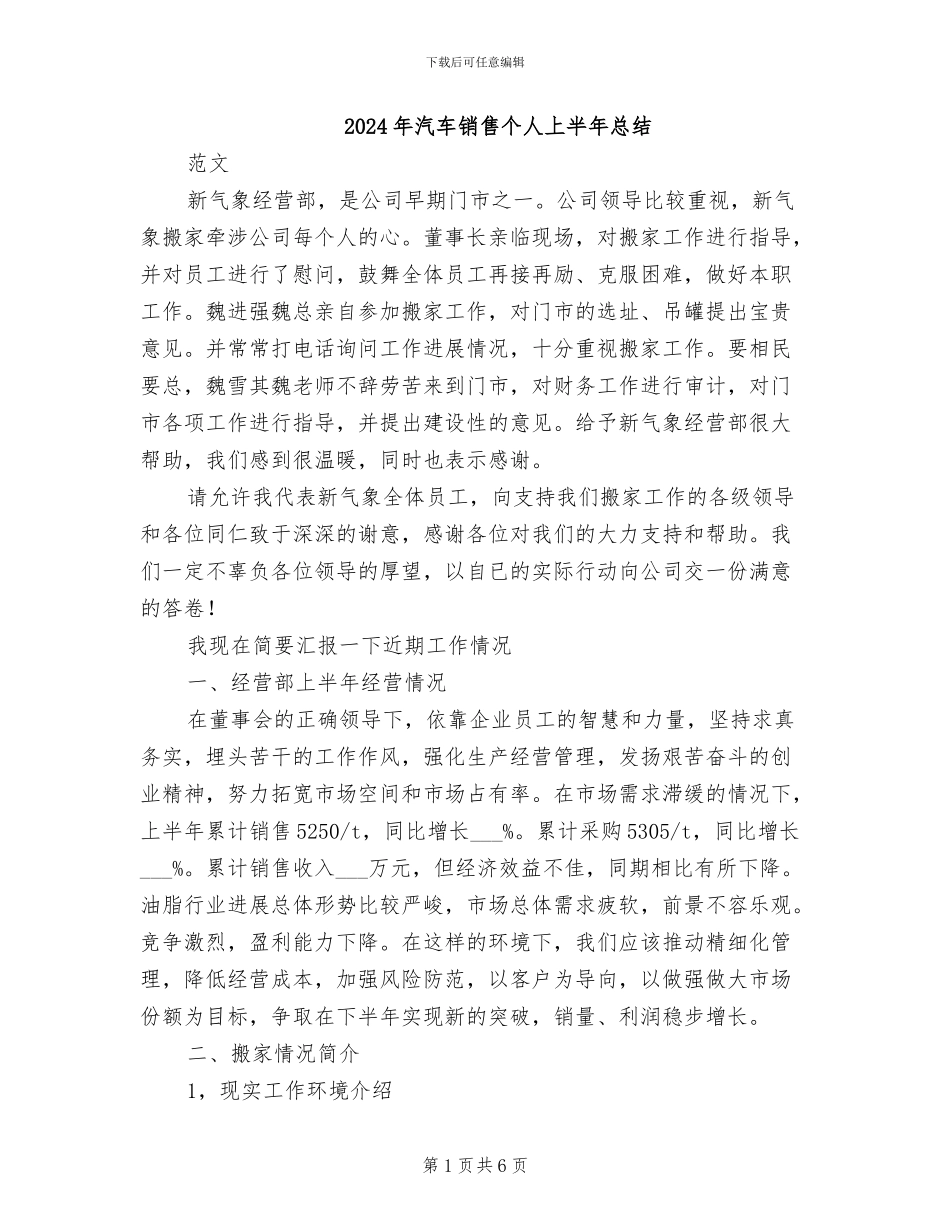 2024年汽车销售个人上半年总结_第1页