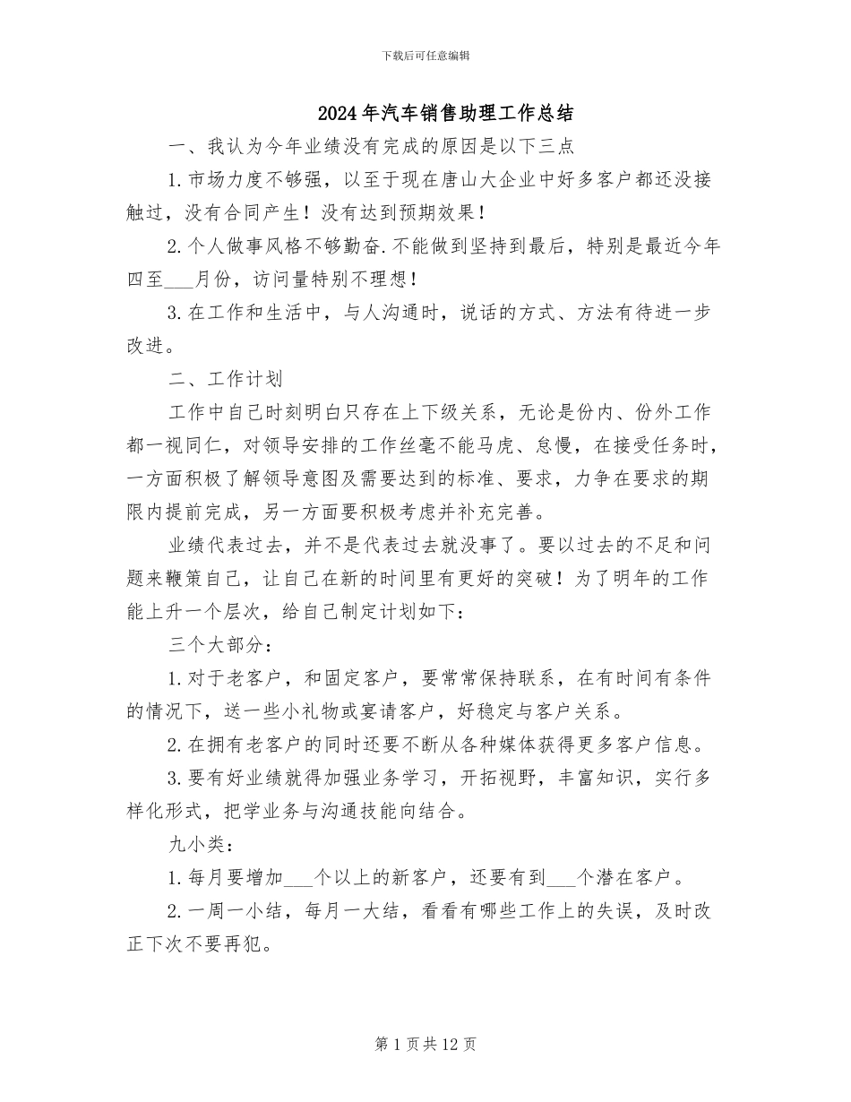 2024年汽车销售助理工作总结_第1页