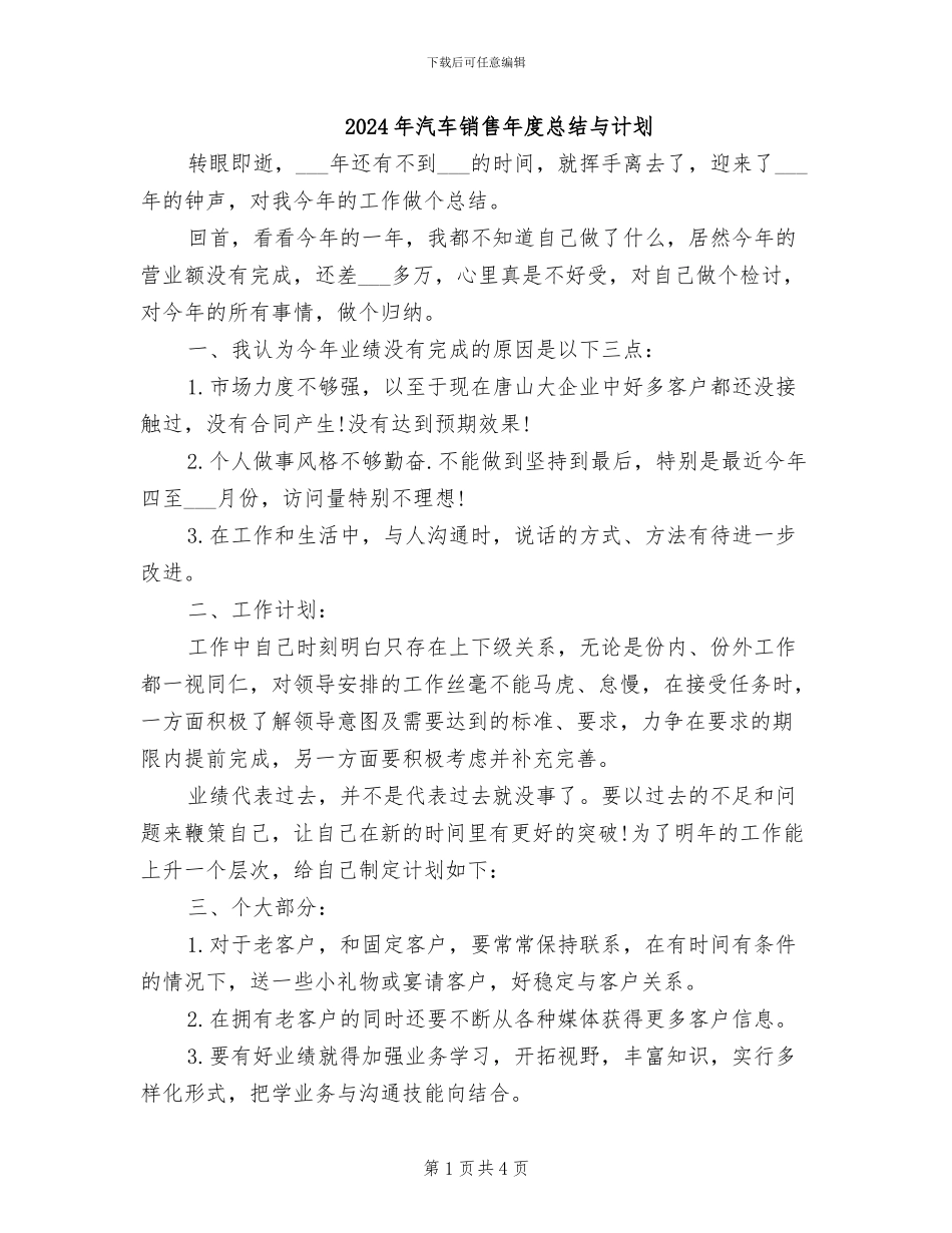 2024年汽车销售年度总结与计划_第1页
