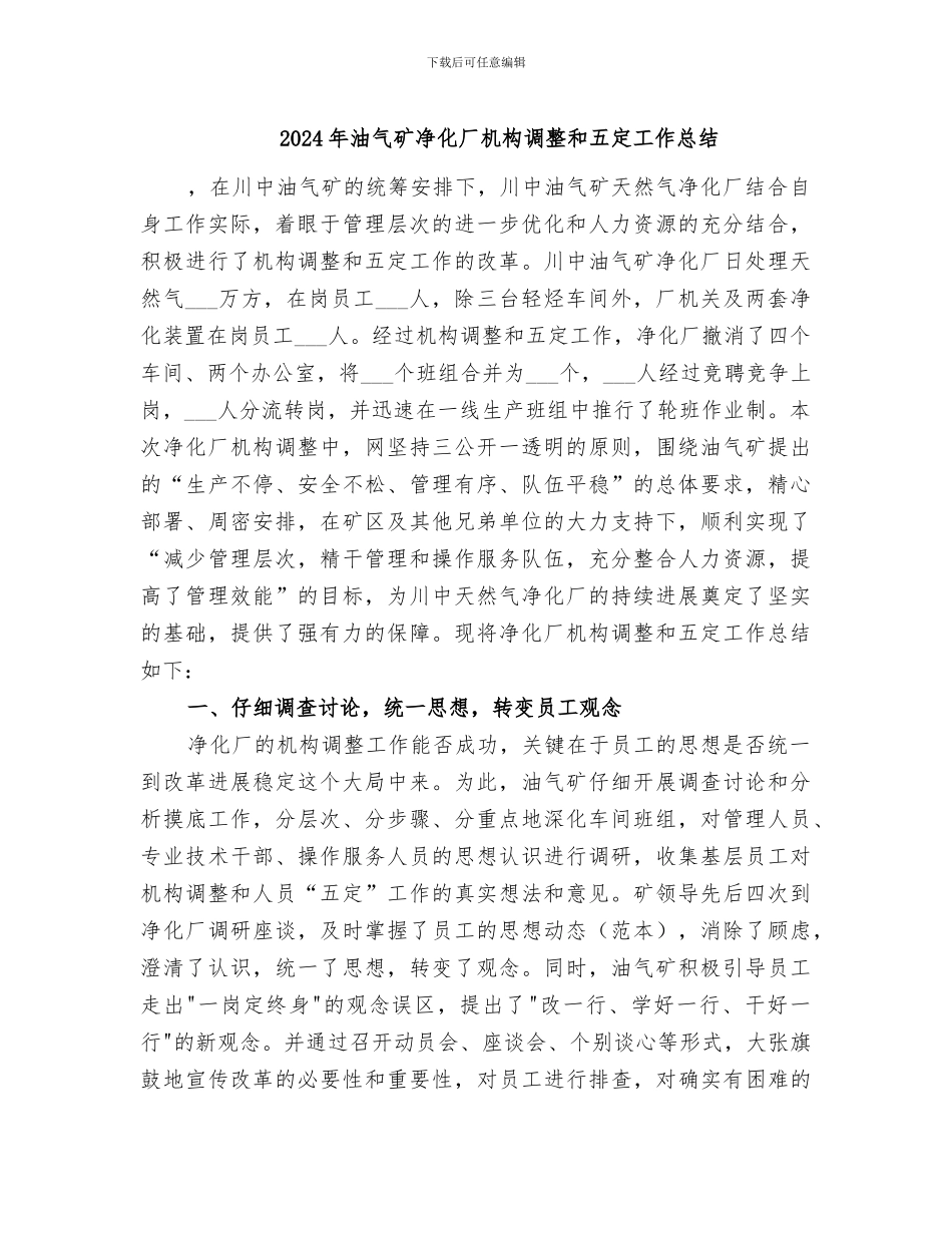 2024年油气矿净化厂机构调整和五定工作总结_第1页