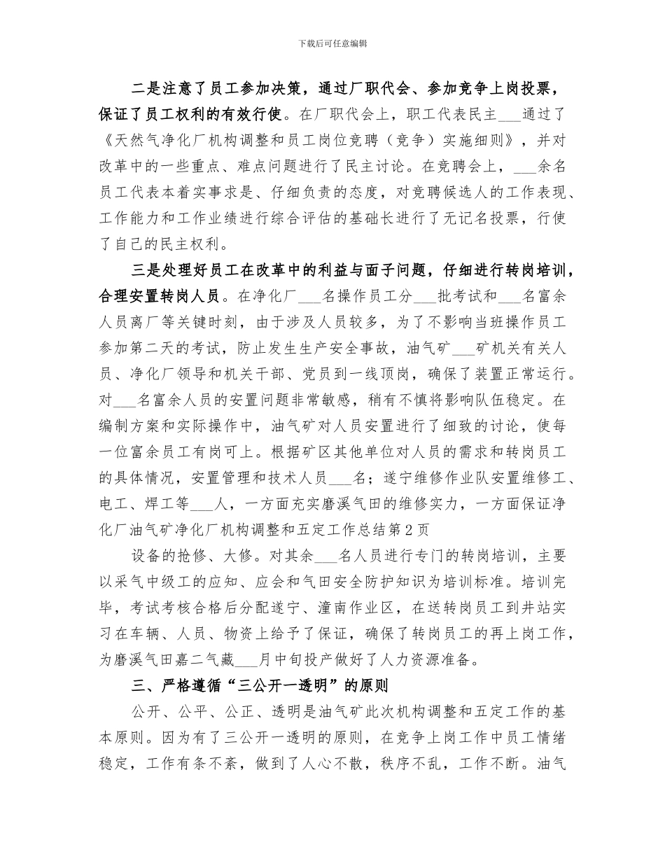 2024年油气矿净化厂机构调整和五定工作总结_第3页
