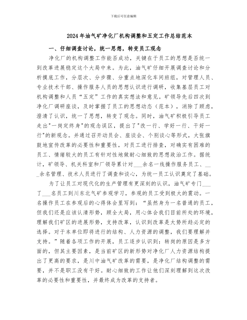 2024年油气矿净化厂机构调整和五定工作总结范本_第1页