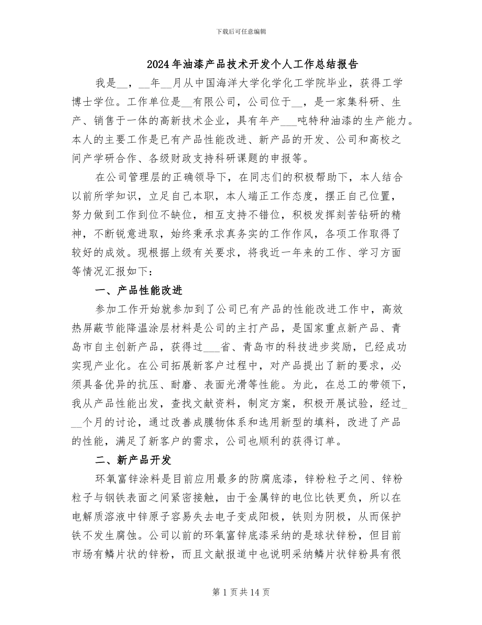 2024年油漆产品技术开发个人工作总结报告_第1页