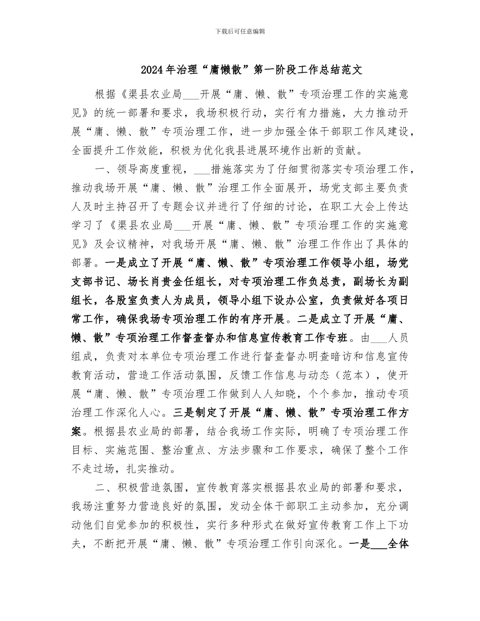2024年治理“庸懒散”第一阶段工作总结范文_第1页