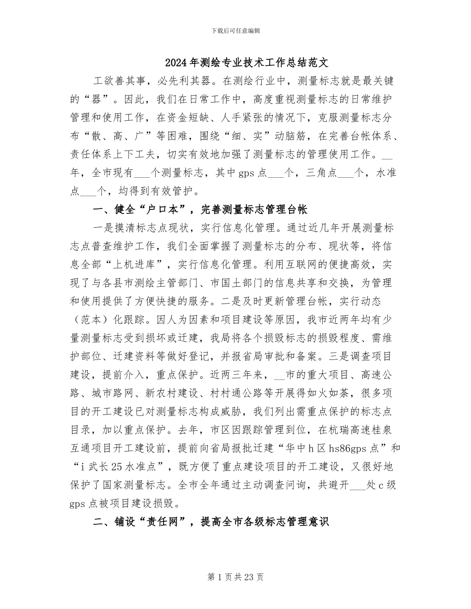 2024年测绘专业技术工作总结范文_第1页