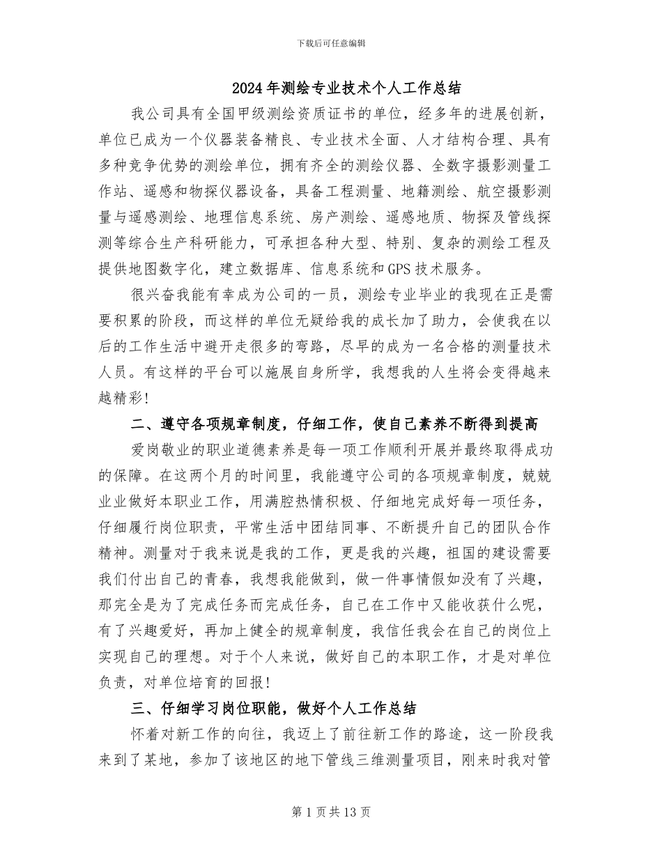 2024年测绘专业技术个人工作总结_第1页