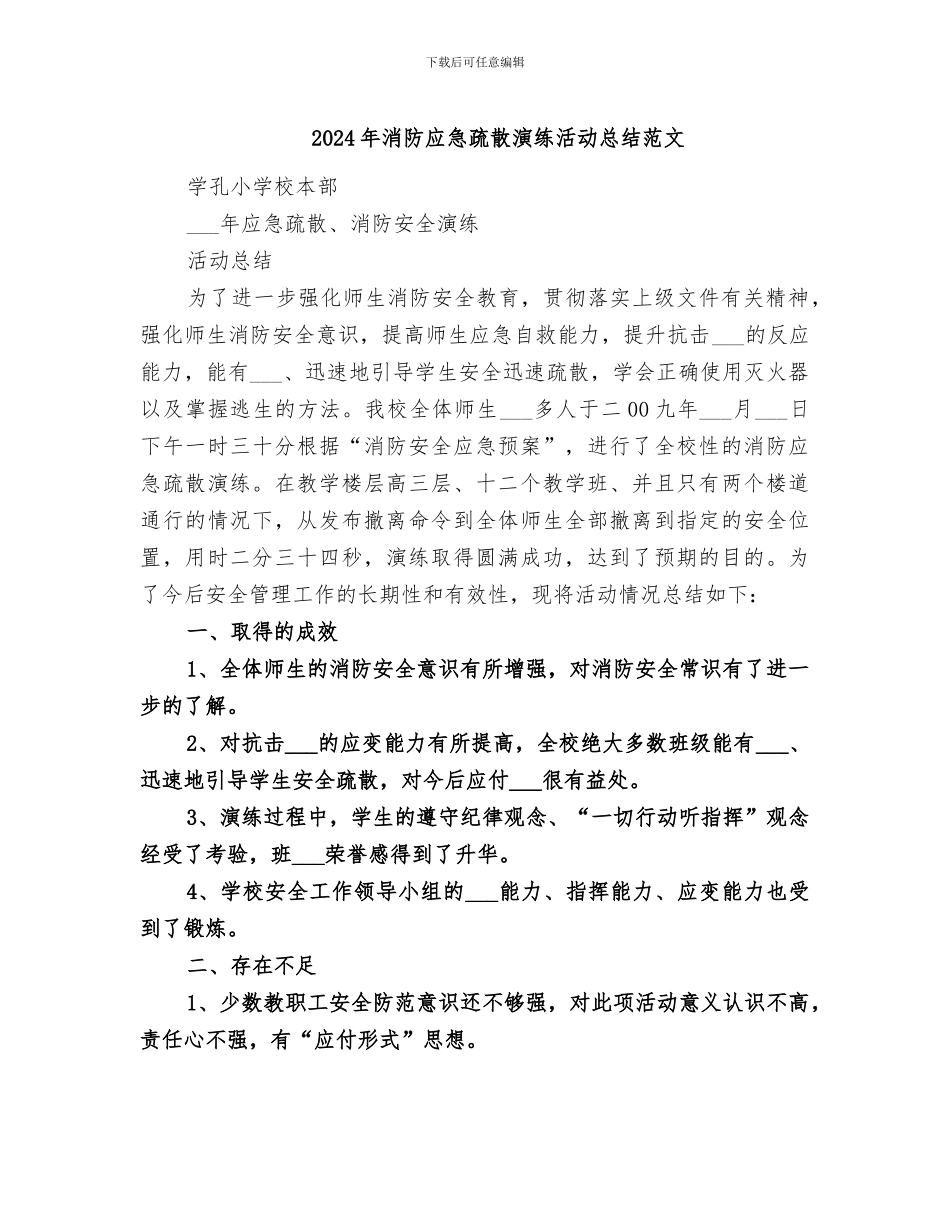 2024年消防应急疏散演练活动总结范文_第1页