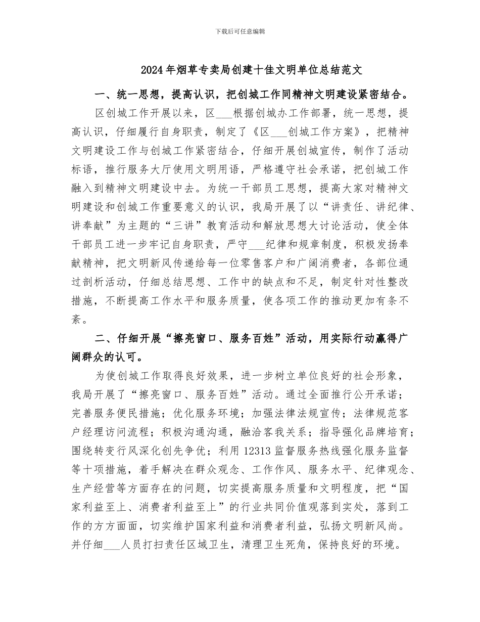 2024年烟草专卖局创建十佳文明单位总结范文_第1页