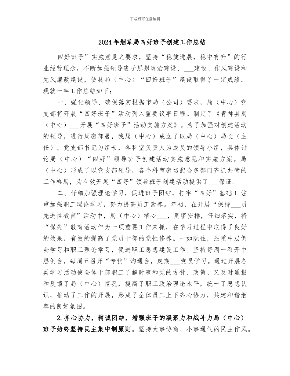 2024年烟草局四好班子创建工作总结_第1页