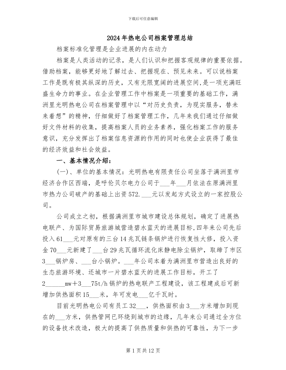2024年热电公司档案管理总结_第1页