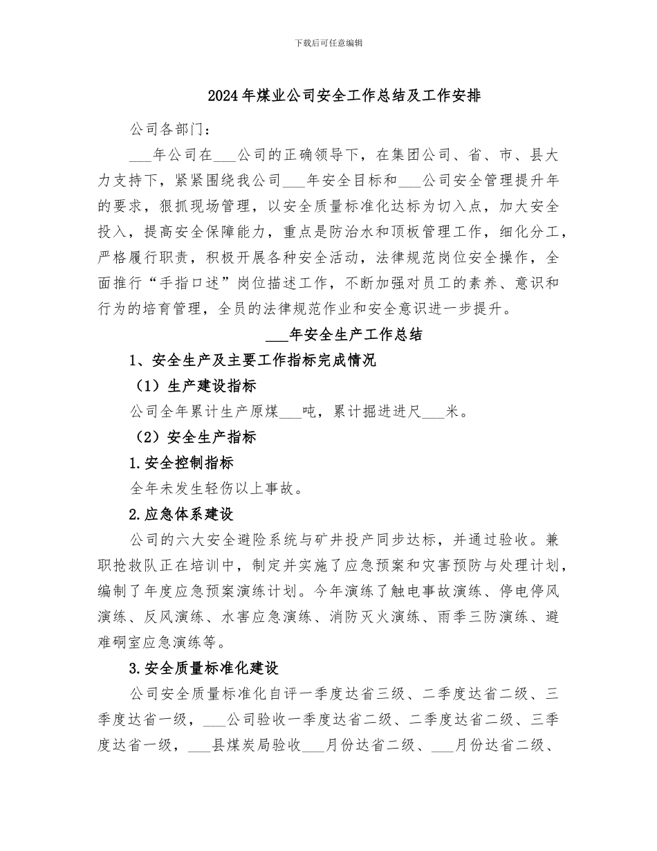2024年煤业公司安全工作总结及工作安排_第1页