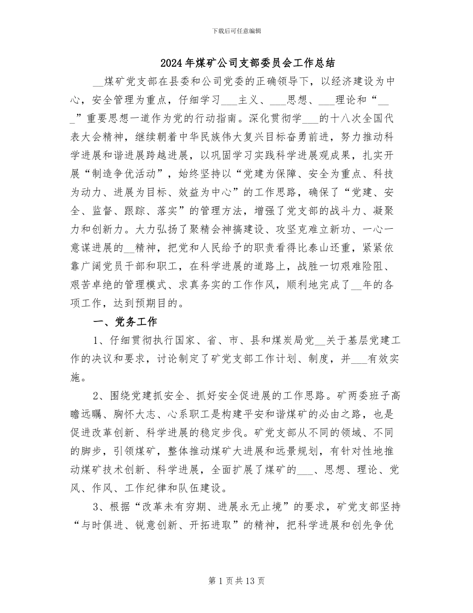 2024年煤矿公司支部委员会工作总结_第1页