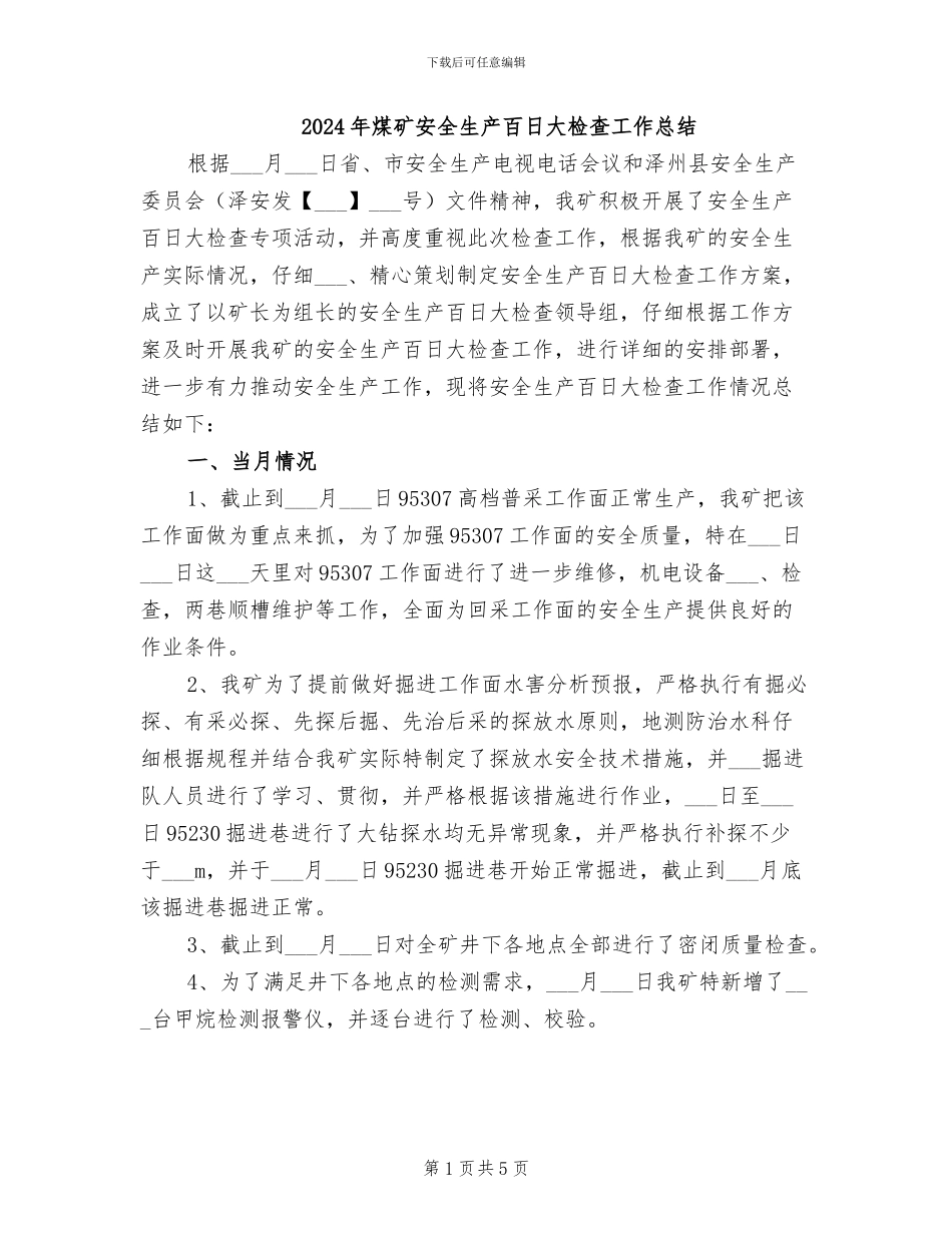 2024年煤矿安全生产百日大检查工作总结_第1页