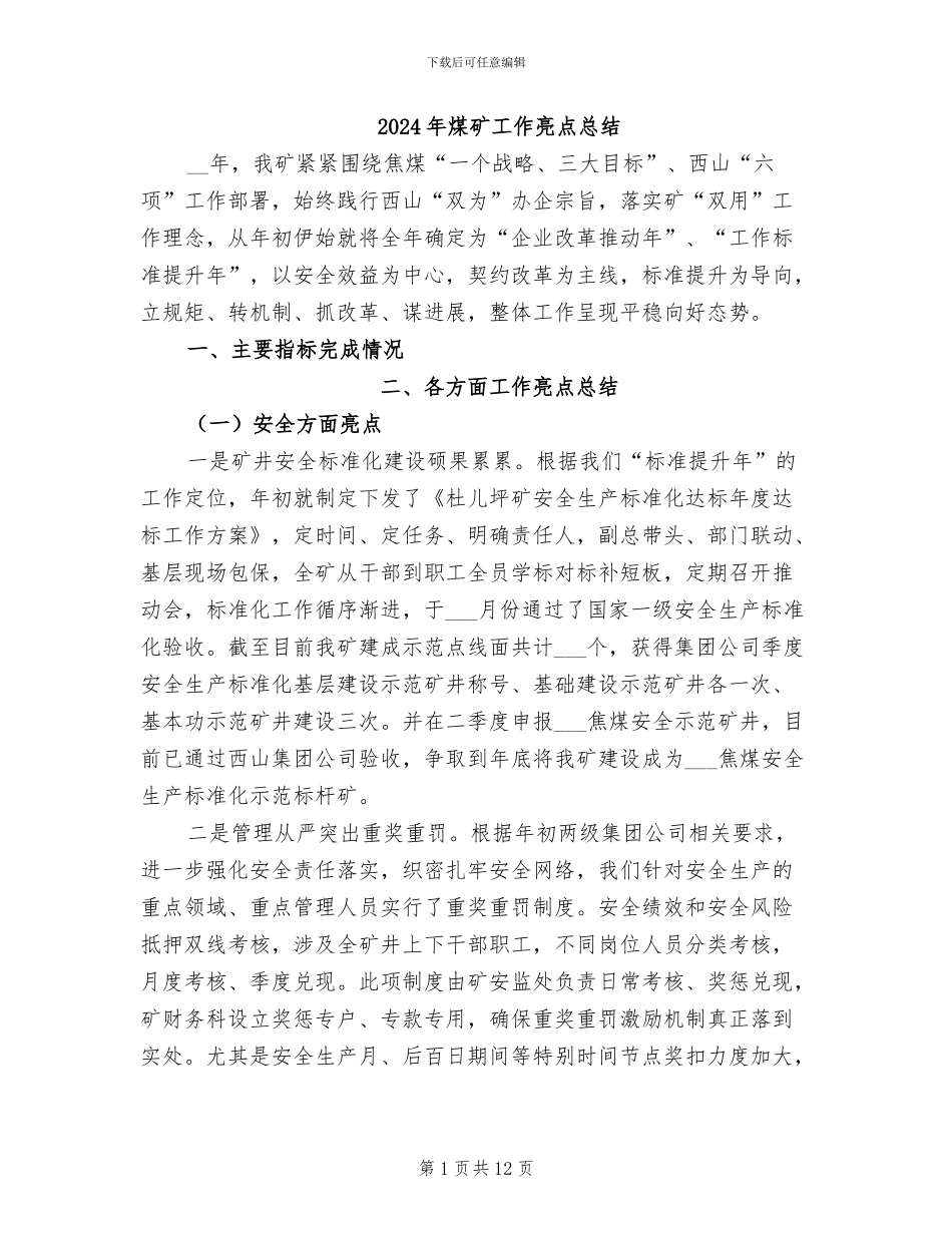 2024年煤矿工作亮点总结_第1页