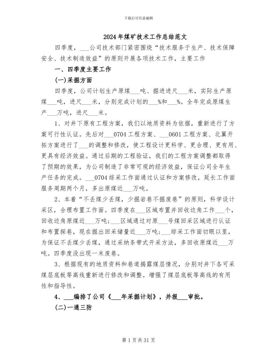 2024年煤矿技术工作总结范文_第1页