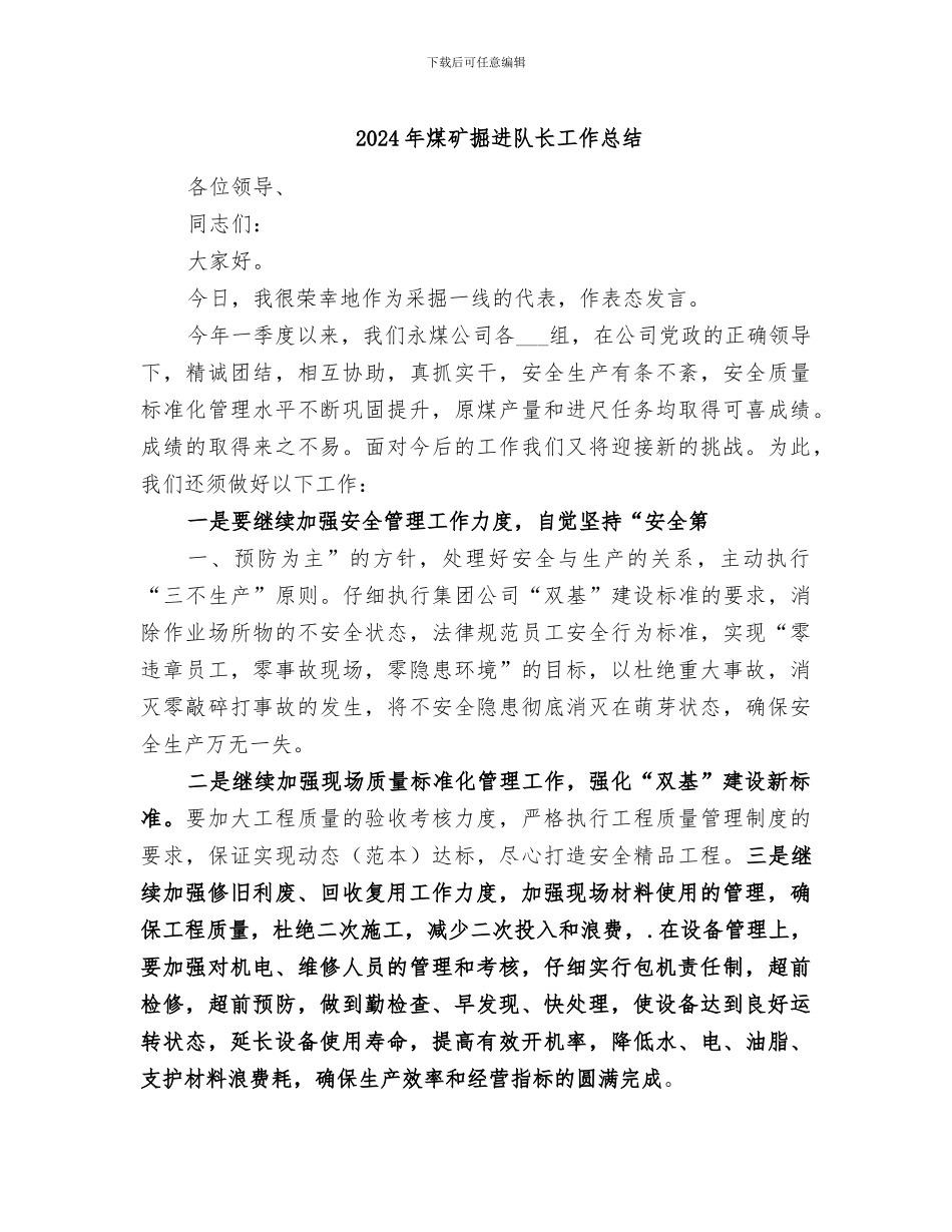 2024年煤矿掘进队长工作总结_第1页