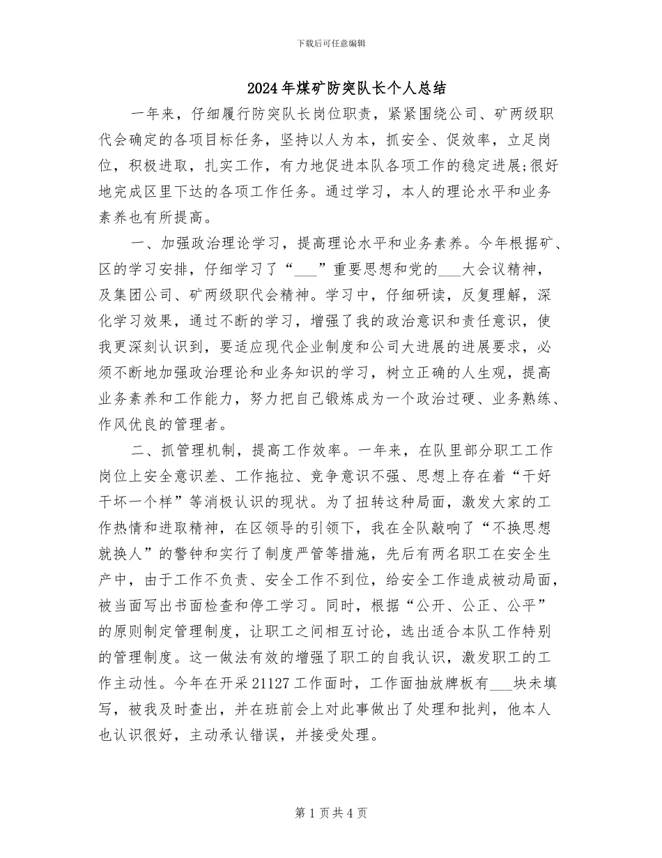 2024年煤矿防突队长个人总结_第1页