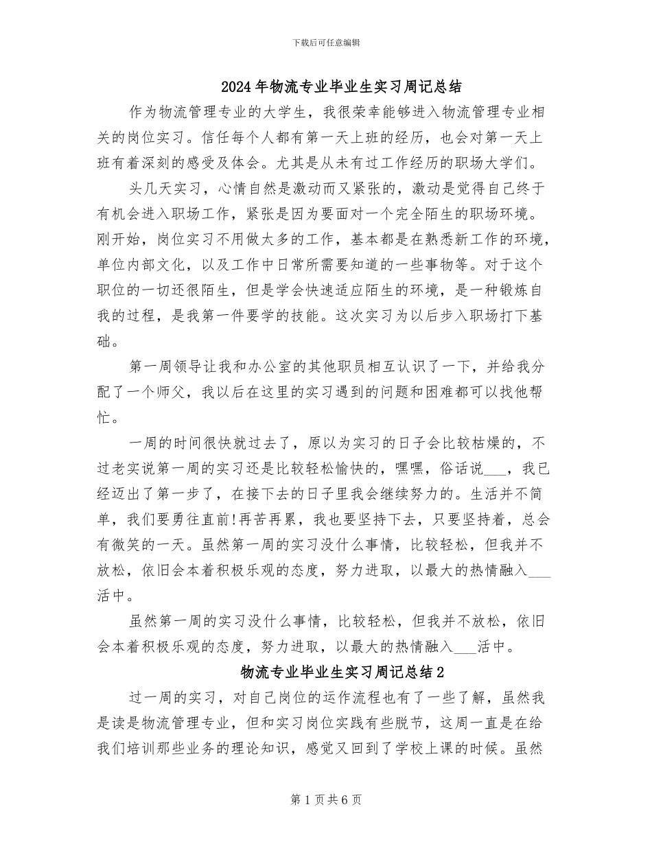 2024年物流专业毕业生实习周记总结_第1页