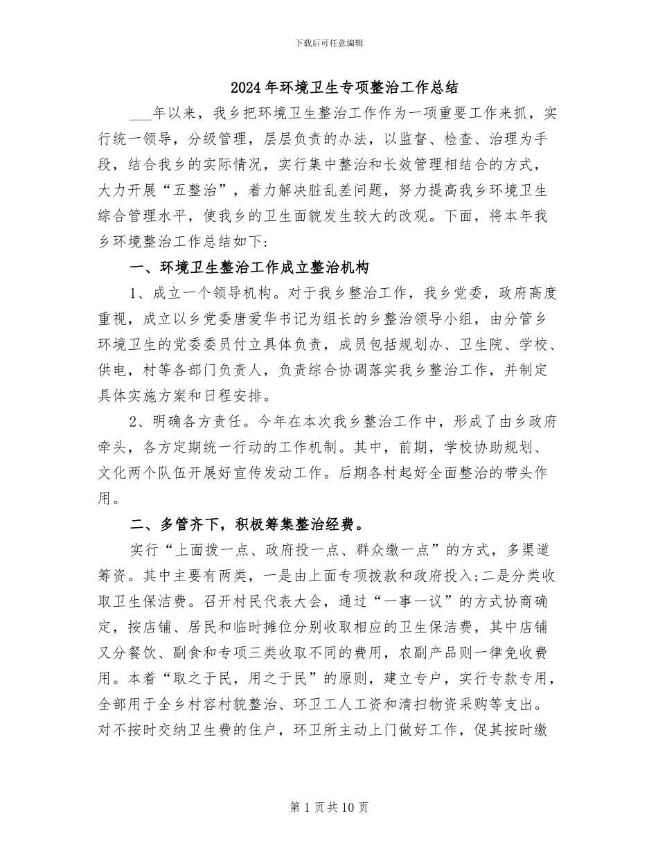 2024年环境卫生专项整治工作总结_第1页