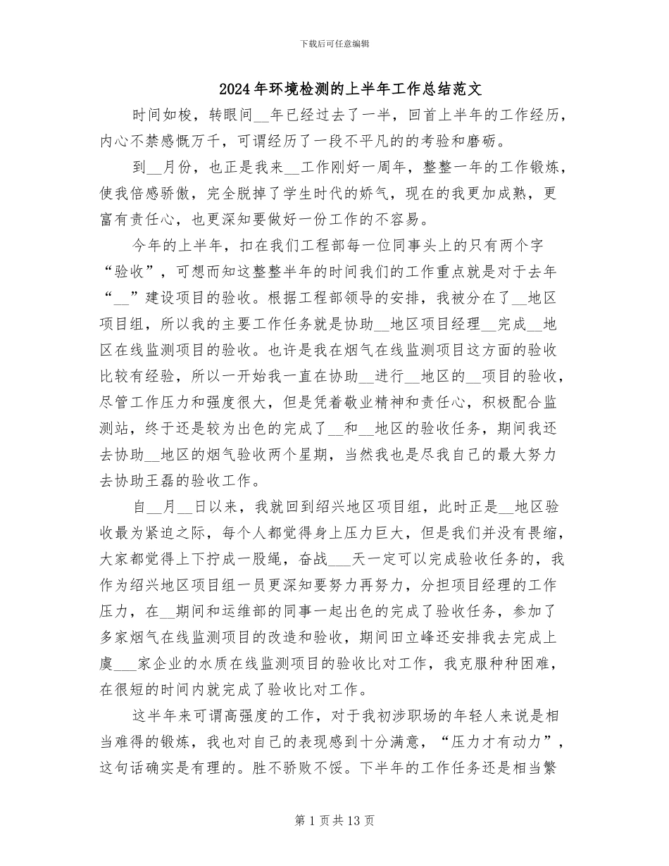 2024年环境检测的上半年工作总结范文_第1页