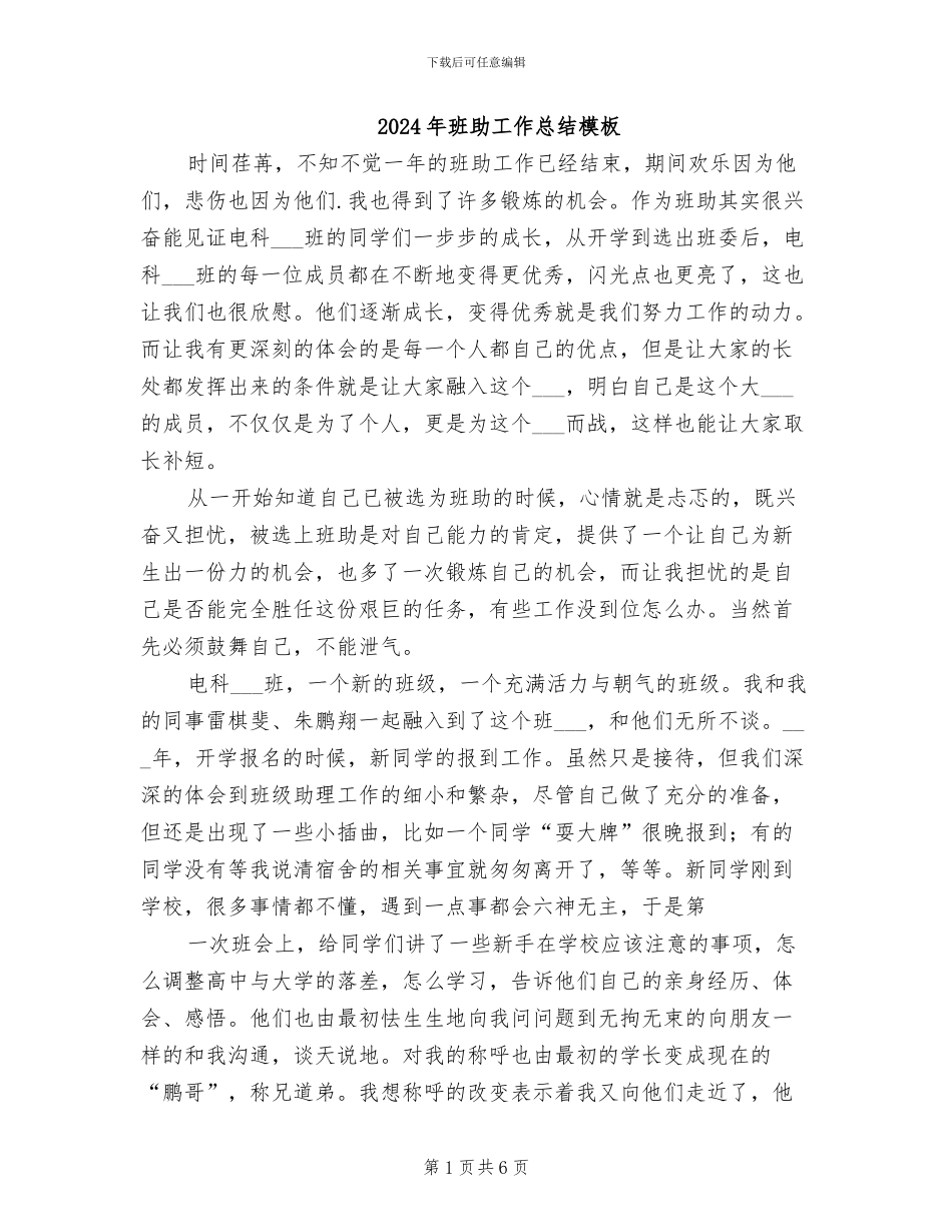 2024年班助工作总结模板_第1页