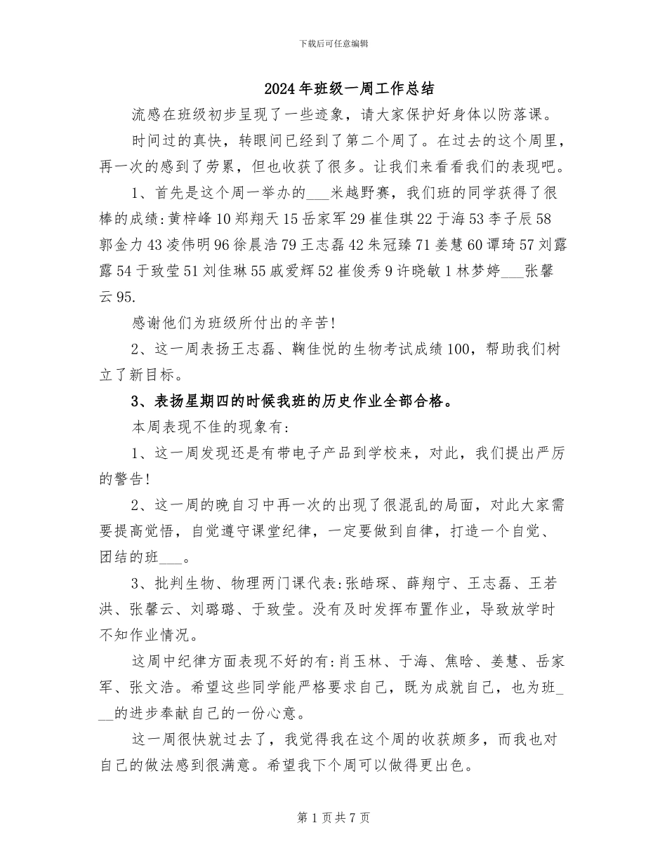 2024年班级一周工作总结_第1页