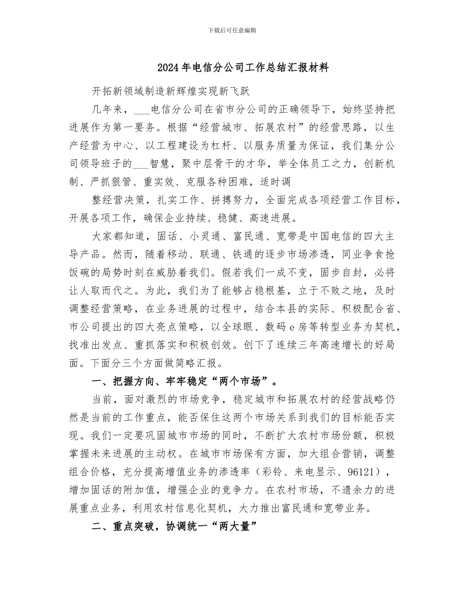 2024年电信分公司工作总结汇报材料_第1页
