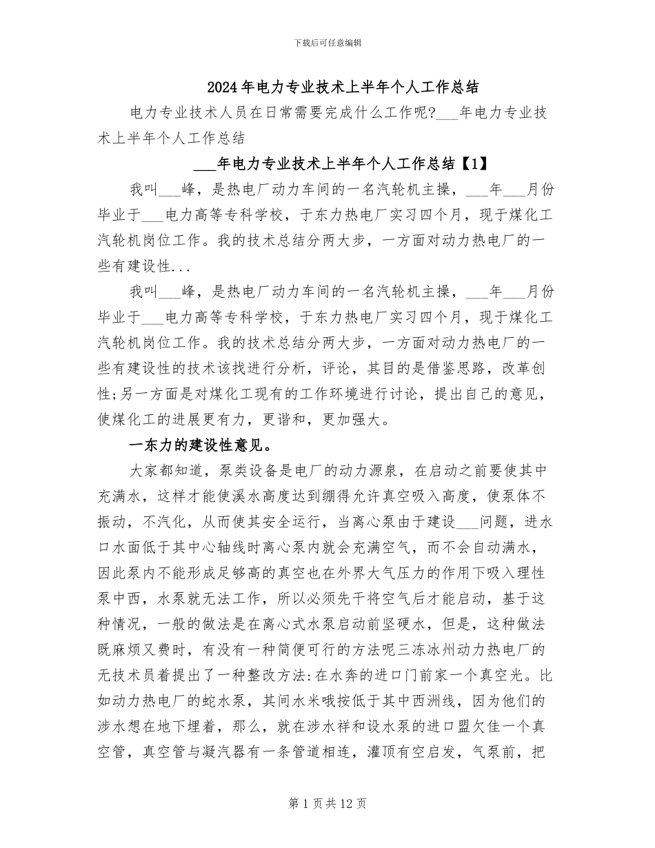 2024年电力专业技术上半年个人工作总结_第1页