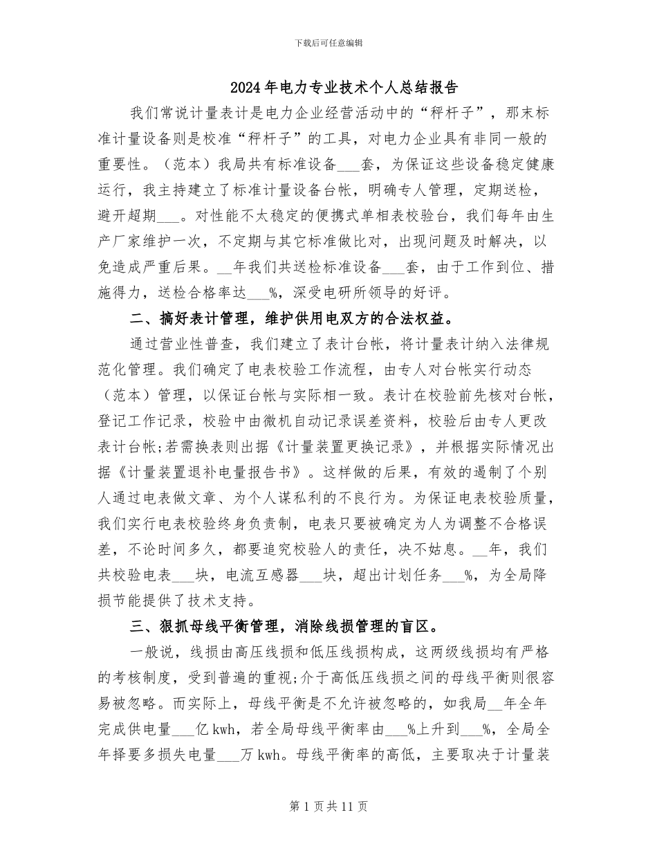 2024年电力专业技术个人总结报告_第1页